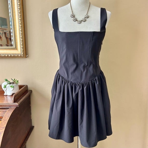 Zara Ruched Corset Dress Black Square Neck V-Waist Size L - Picture 4 of 15